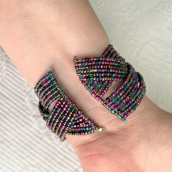 Boho woven multicolored beaded bracelet cuff and earring set - Picture 8 of 8